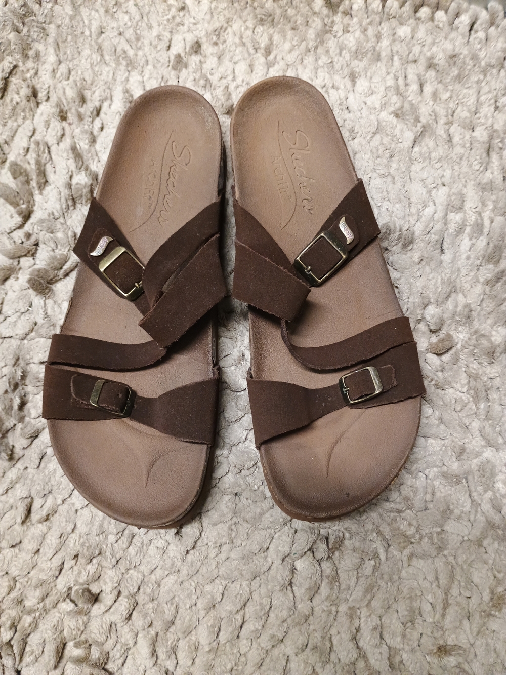 Skechers Womens Brown Double-Buckle Slide Sandals